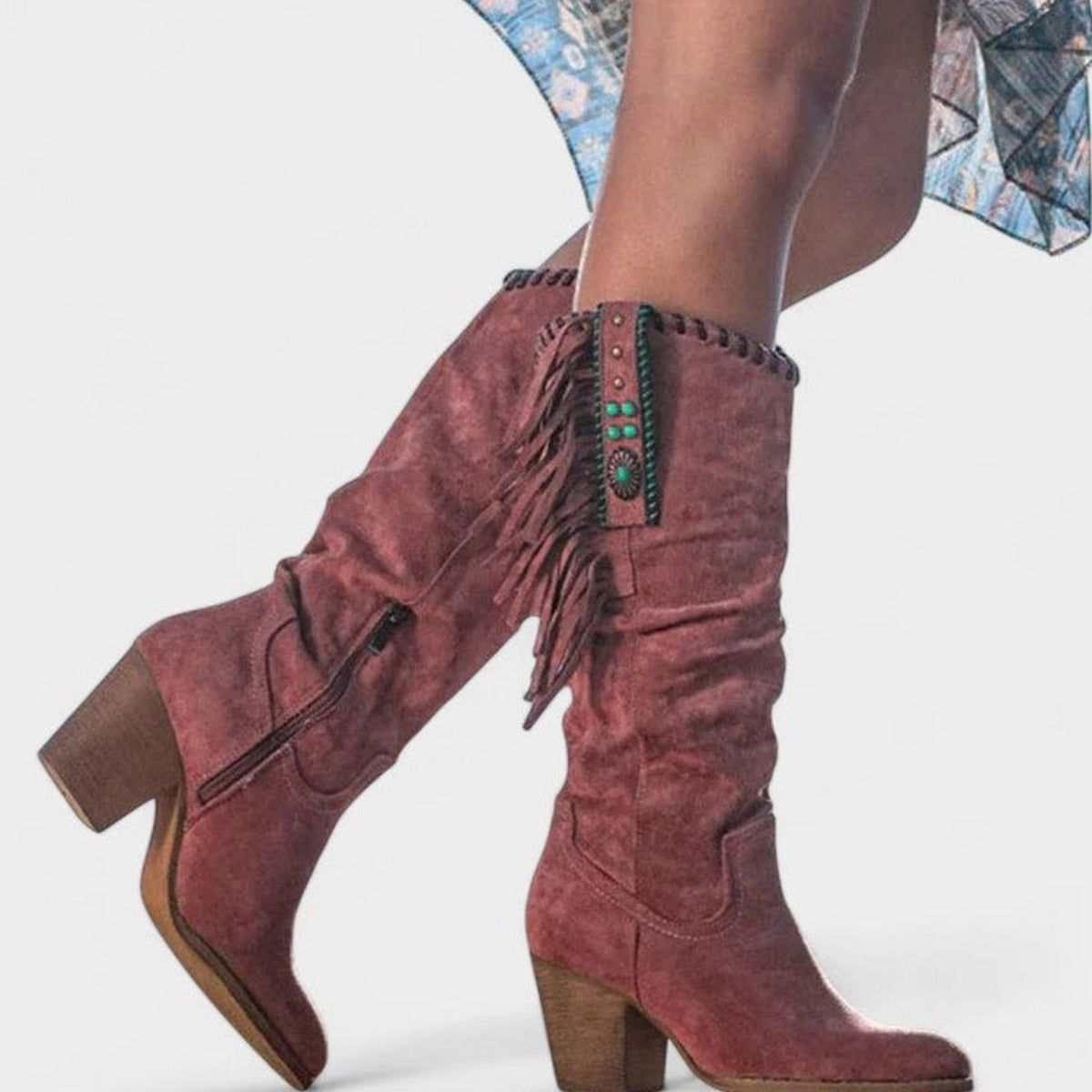 Women's Fringed Suede Block-Heel Knee-High Western Boots