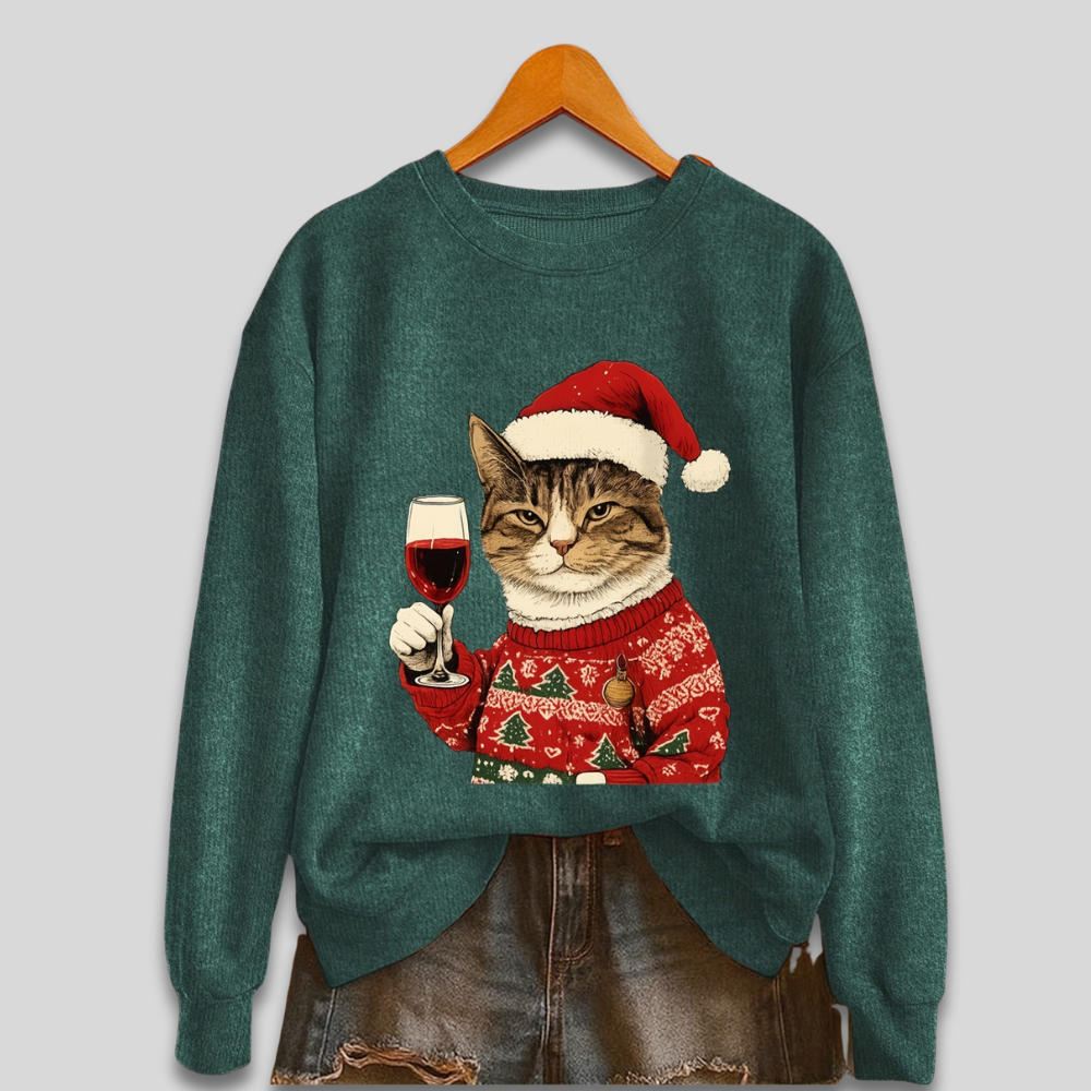 Women's Funny Christmas Sweatshirt with Cat and Santa Claus