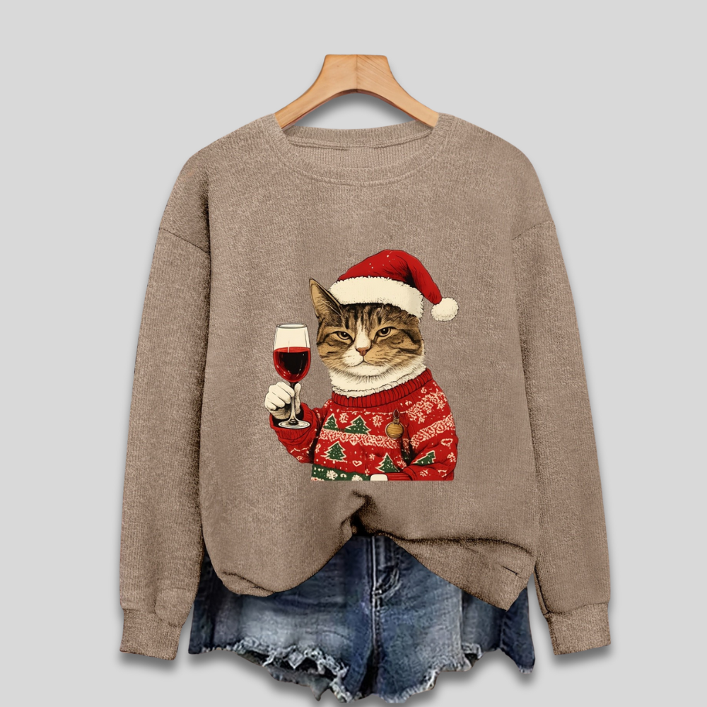 Women's Funny Christmas Sweatshirt with Cat and Santa Claus