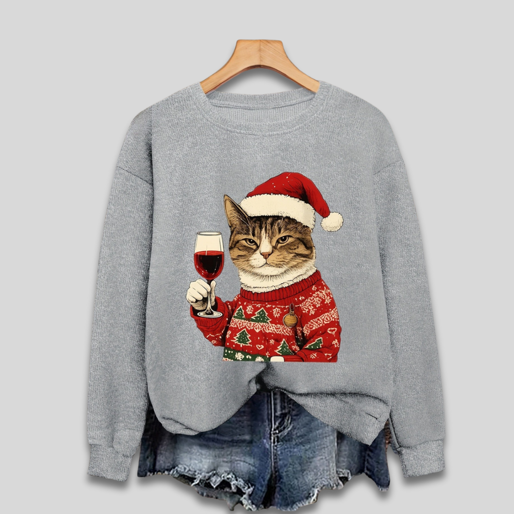 Women's Funny Christmas Sweatshirt with Cat and Santa Claus