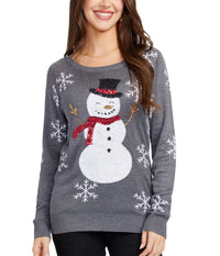 Women's Gray Christmas Sweater with Snowman Design and Sequin Snowflakes on the Sleeves