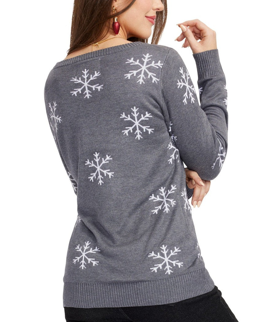 Women's Gray Christmas Sweater with Snowman Design and Sequin Snowflakes on the Sleeves