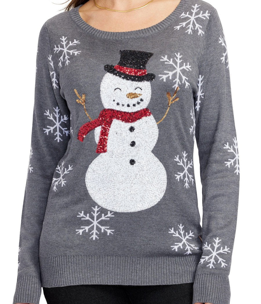 Women's Gray Christmas Sweater with Snowman Design and Sequin Snowflakes on the Sleeves