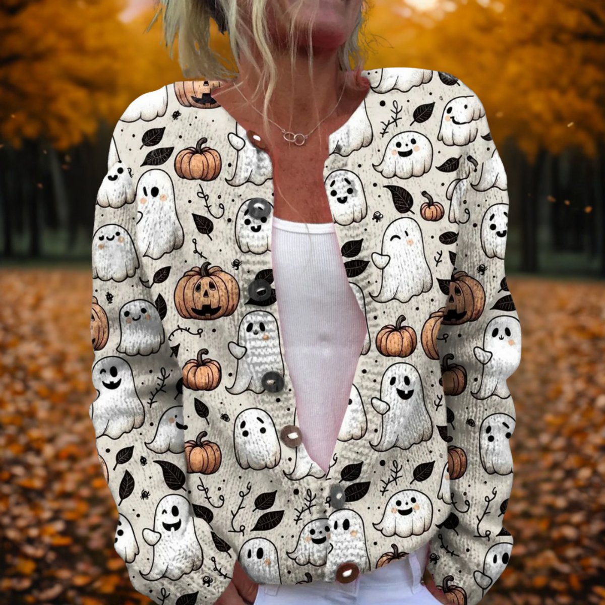 Women's Halloween Ghost Pumpkin Open-Front Knit Cardigan