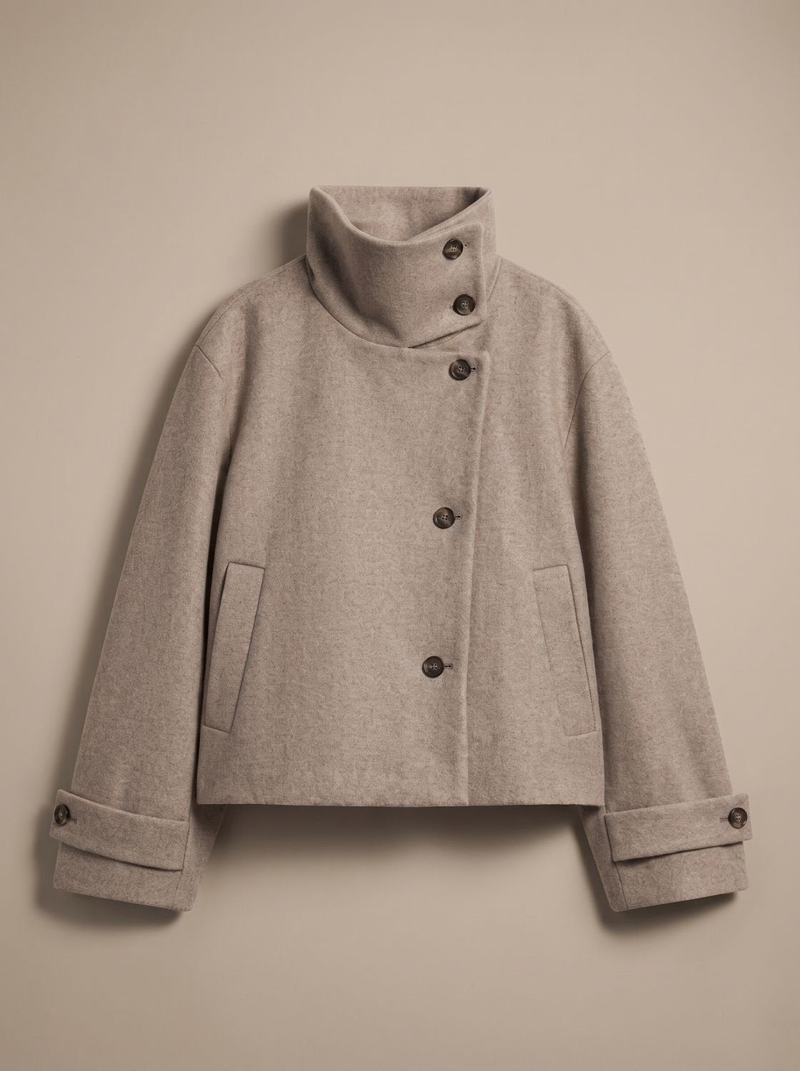 Women's High-Neck Stand-Collar Wool-Blend Button-Front Short Coat