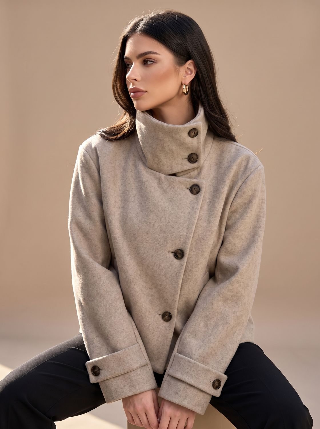 Women's High-Neck Stand-Collar Wool-Blend Button-Front Short Coat