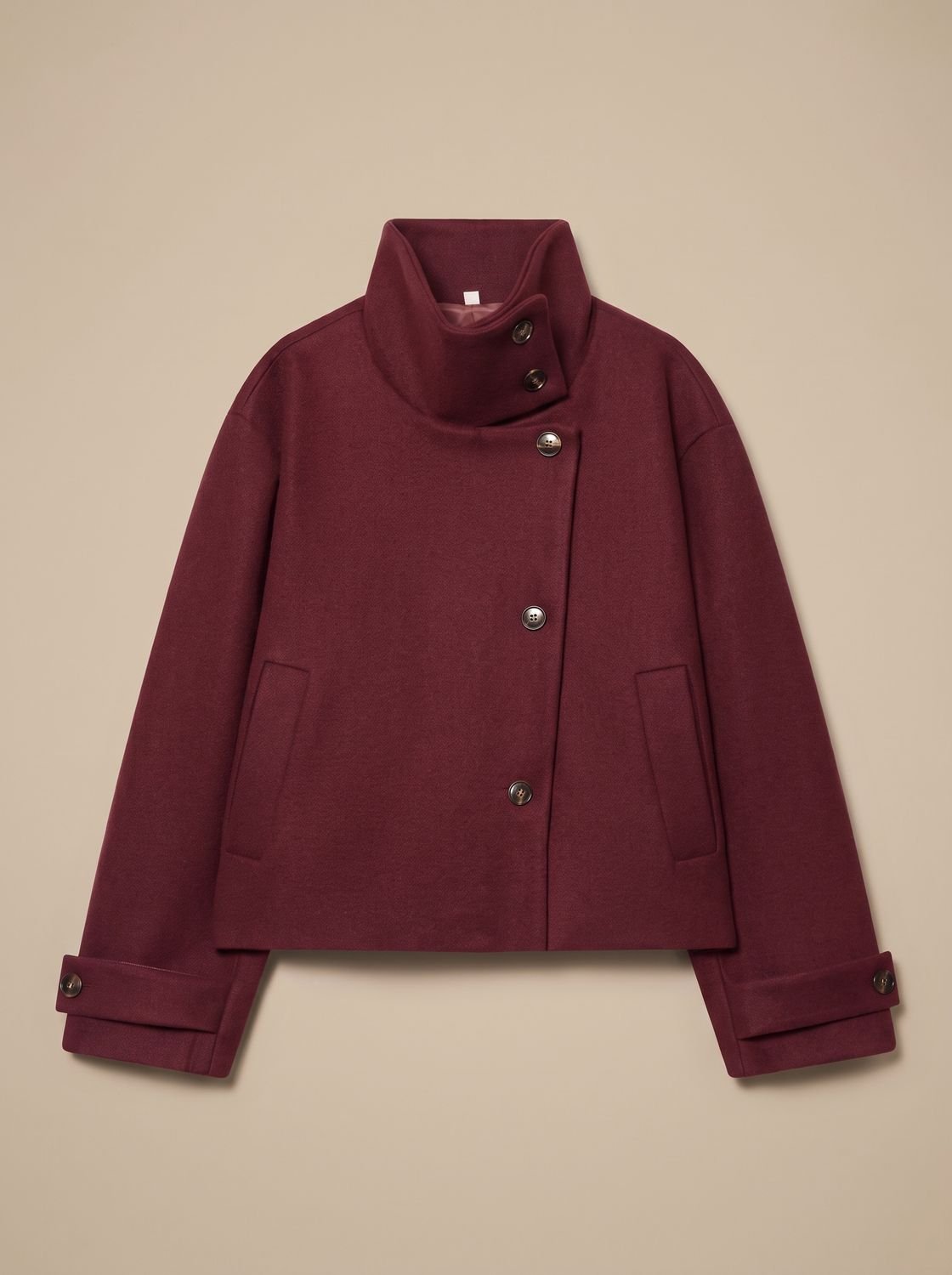 Women's High-Neck Stand-Collar Wool-Blend Button-Front Short Coat