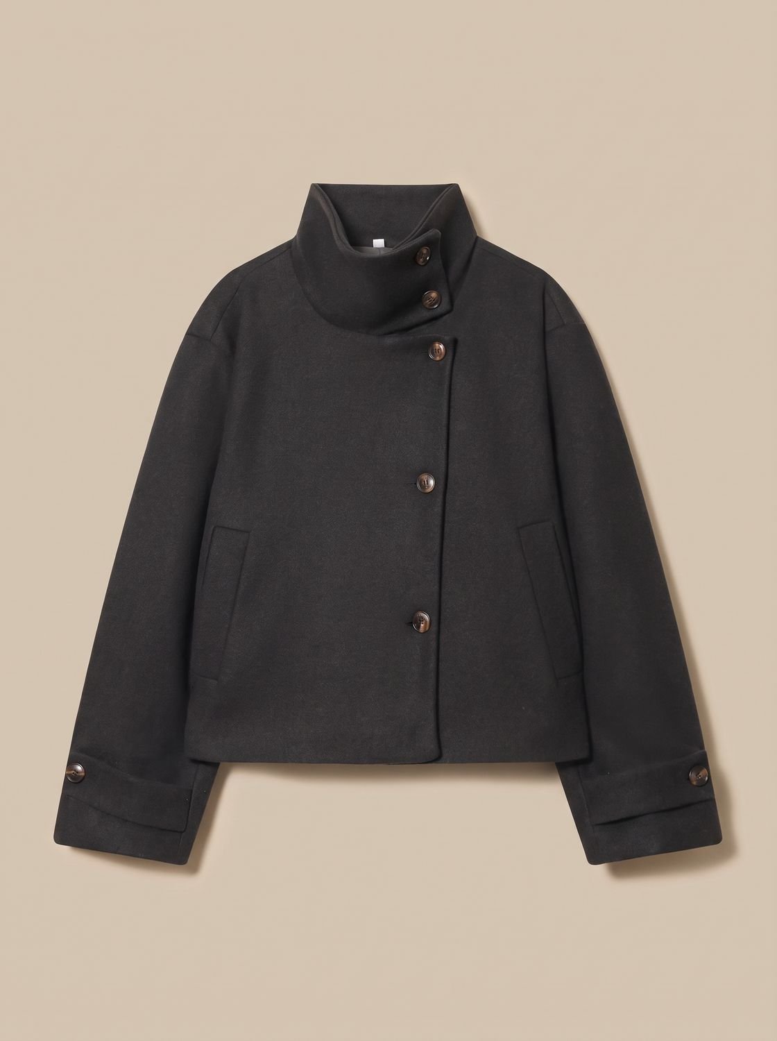 Women's High-Neck Stand-Collar Wool-Blend Button-Front Short Coat