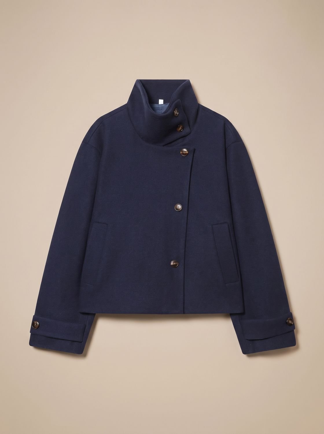 Women's High-Neck Stand-Collar Wool-Blend Button-Front Short Coat