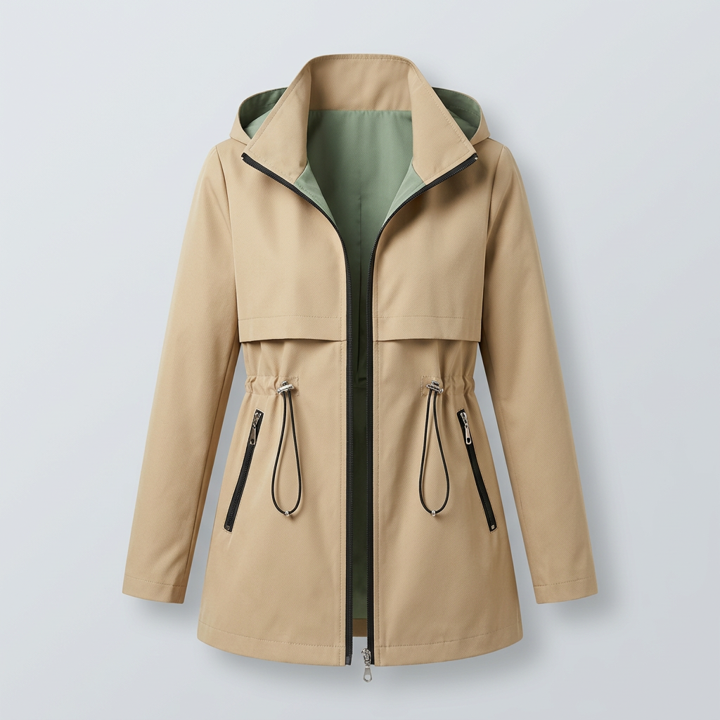 Women's Hooded Trench Jacket with Contrast Lining and Zipper Pockets