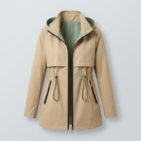 Women's Hooded Trench Jacket with Contrast Lining and Zipper Pockets