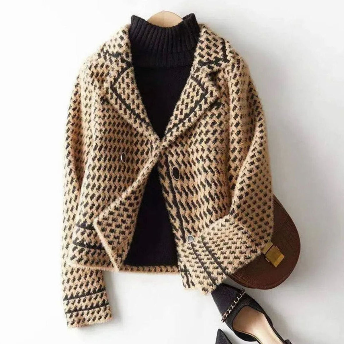Women's Houndstooth Wool-Cashmere Button-Up Cardigan Jacket