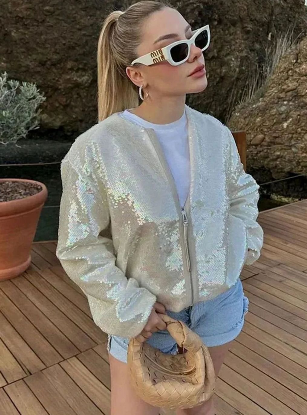 Women's Iridescent Sequin Zip-Up Lightweight Bomber Jacket