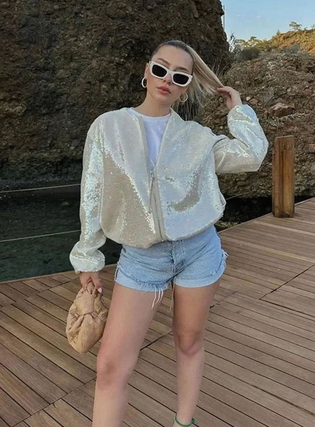 Women's Iridescent Sequin Zip-Up Lightweight Bomber Jacket