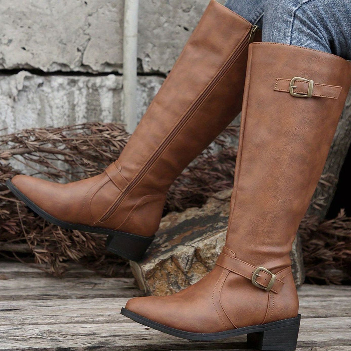 Women's Knee-High Riding Boots with Low Heel, Buckle and Zip