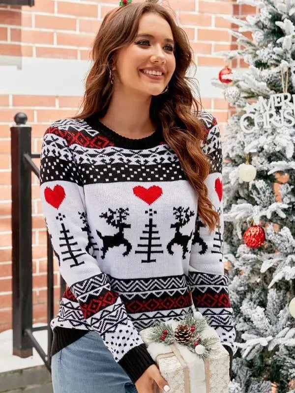 Women's Knit Sweater with Animal Pattern – Crew Neck, Winter Style