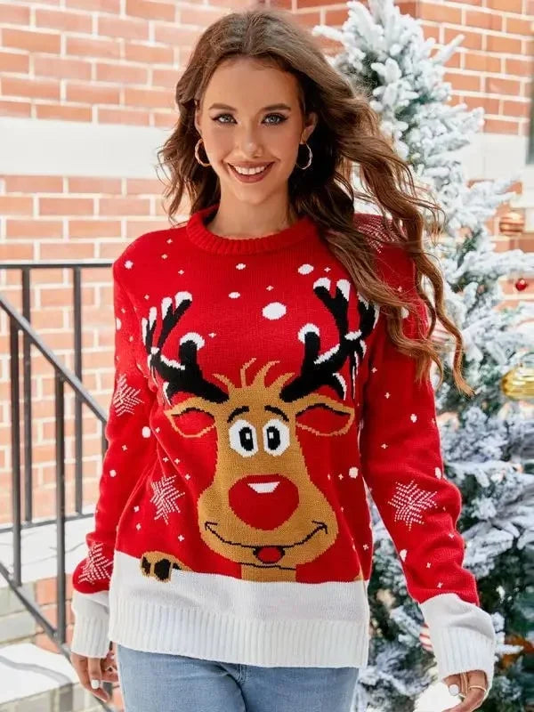 Women's Knit Sweater with Animal Pattern – Crew Neck, Winter Style