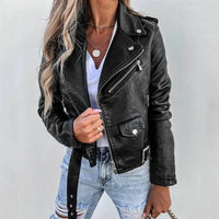 Women's Leather Jacket with Stand Collar & Belt