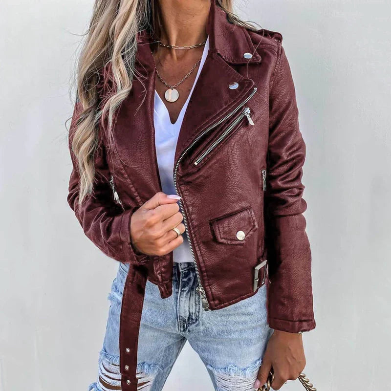 Women's Leather Jacket with Stand Collar & Belt