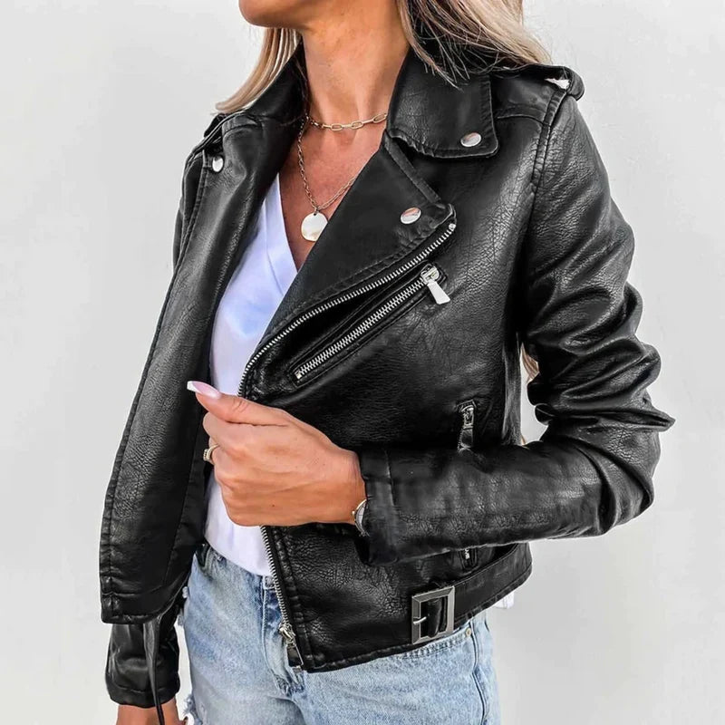 Women's Leather Jacket with Stand Collar & Belt
