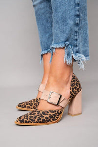 Women's Leopard Block Heel Shoes with Wide Buckle Strap