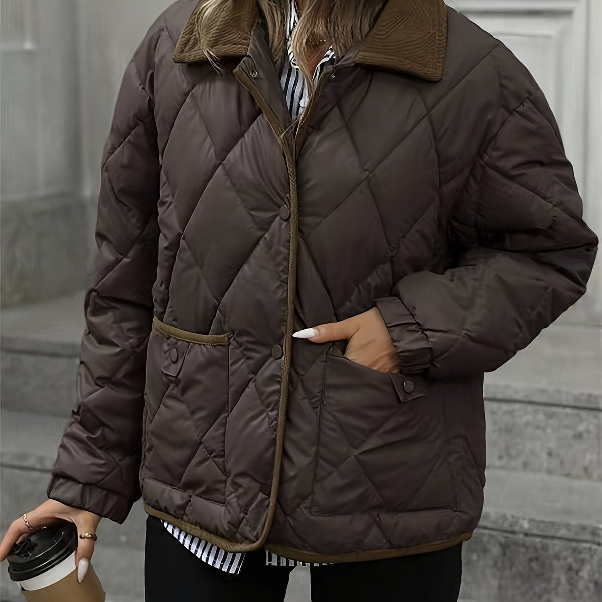 Women's Lightly Padded Diamond-Quilted Winter Jacket – Coffee Brown or Off-White