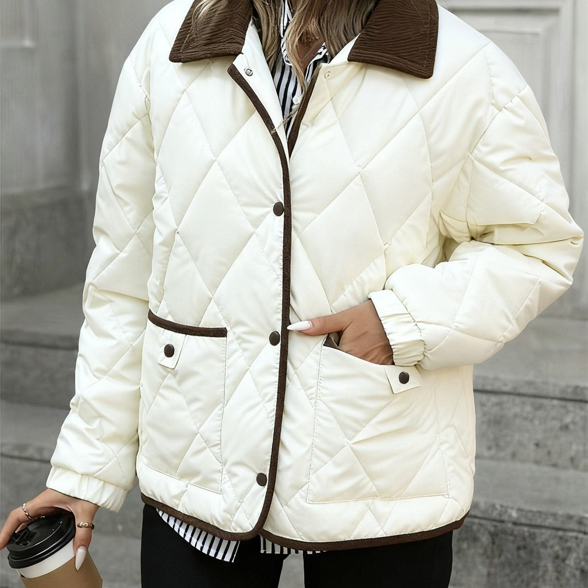 Women's Lightly Padded Diamond-Quilted Winter Jacket – Coffee Brown or Off-White