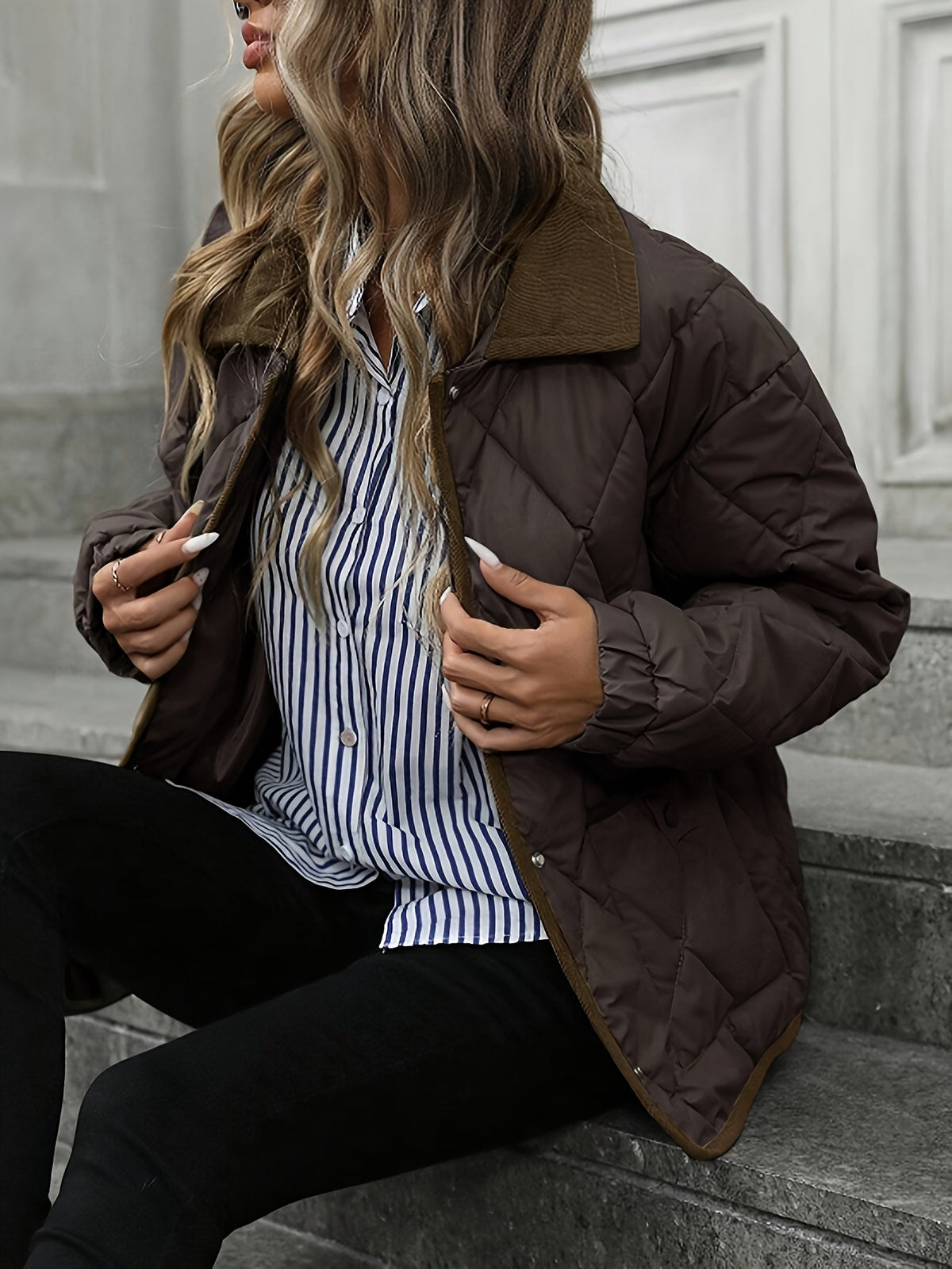 Women's Lightly Padded Diamond-Quilted Winter Jacket – Coffee Brown or Off-White