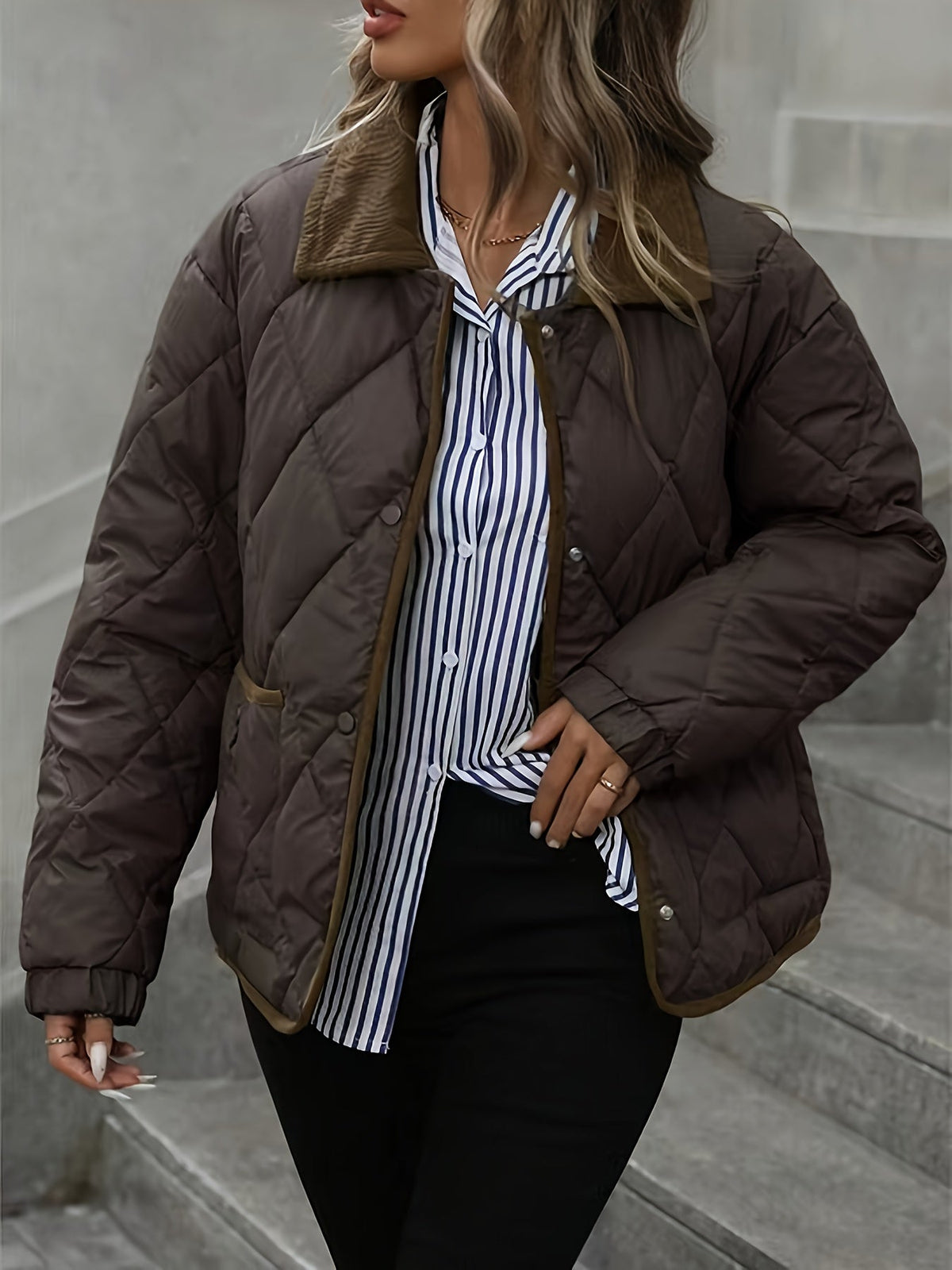 Women's Lightly Padded Diamond-Quilted Winter Jacket – Coffee Brown or Off-White