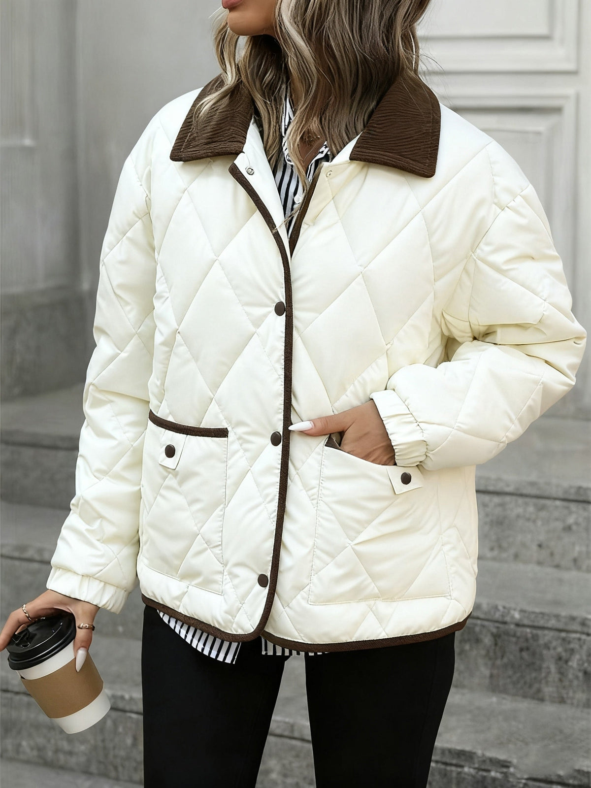 Women's Lightly Padded Diamond-Quilted Winter Jacket – Coffee Brown or Off-White