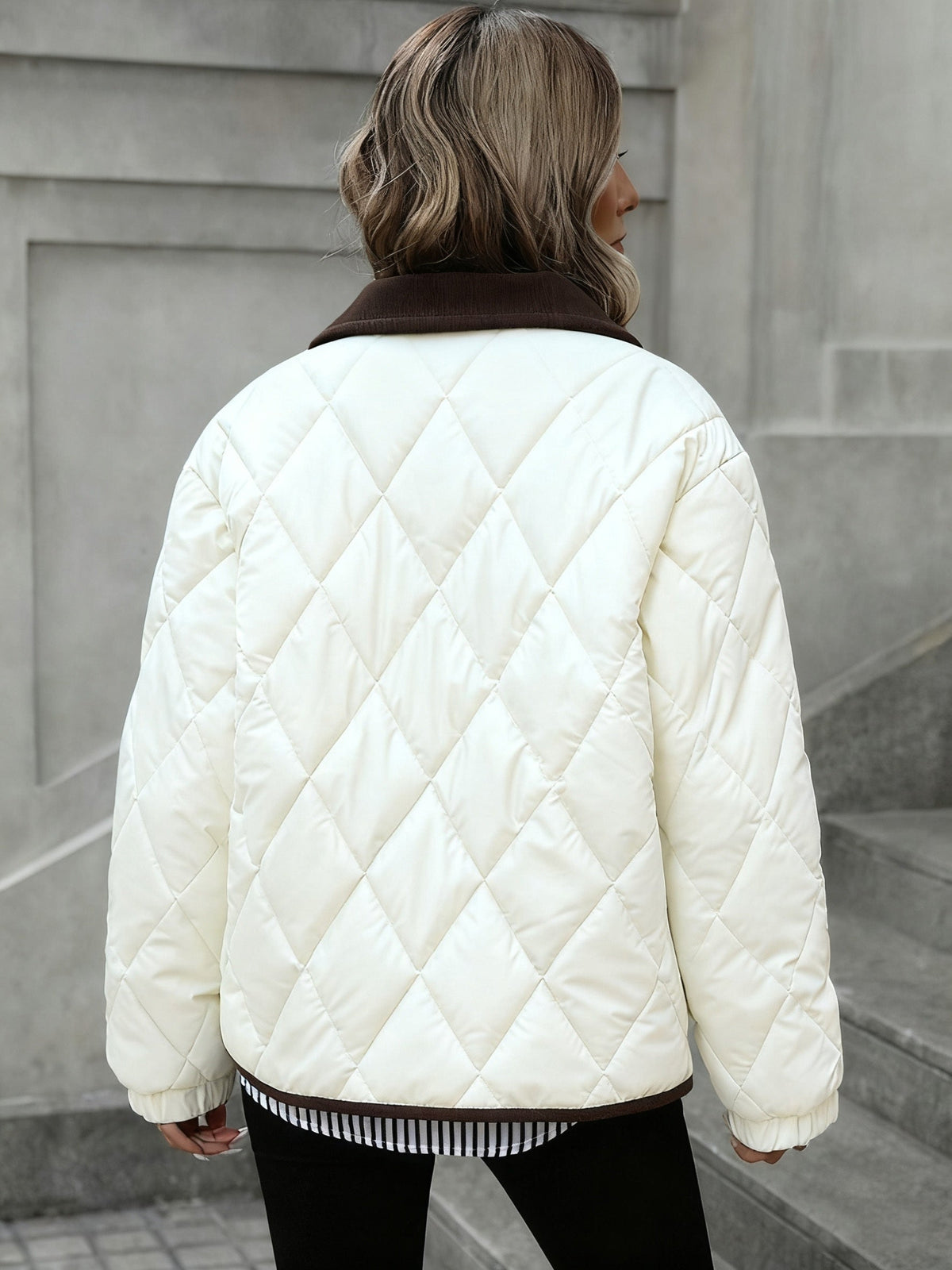 Women's Lightly Padded Diamond-Quilted Winter Jacket – Coffee Brown or Off-White