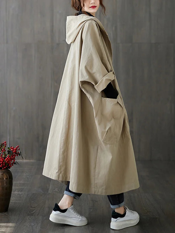 Women's Long Hooded Rain Trench Coat with Elegant Cut
