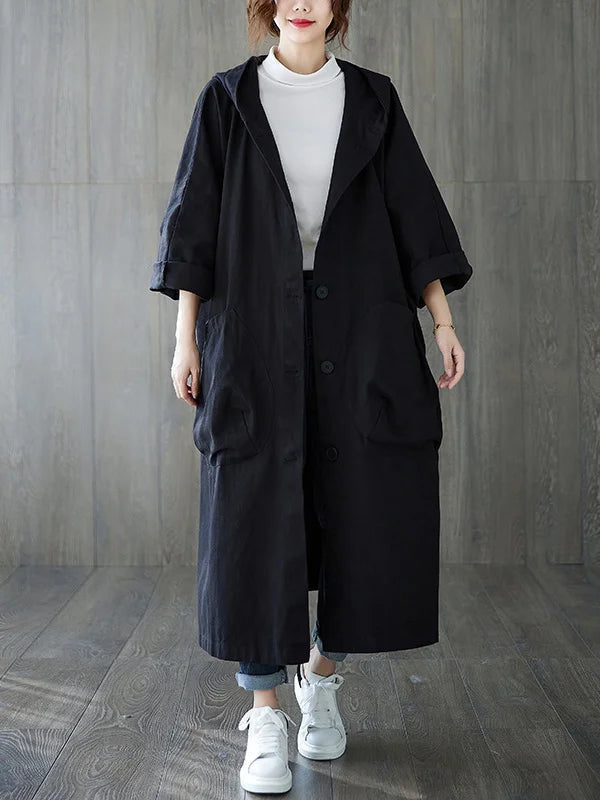 Women's Long Hooded Rain Trench Coat with Elegant Cut