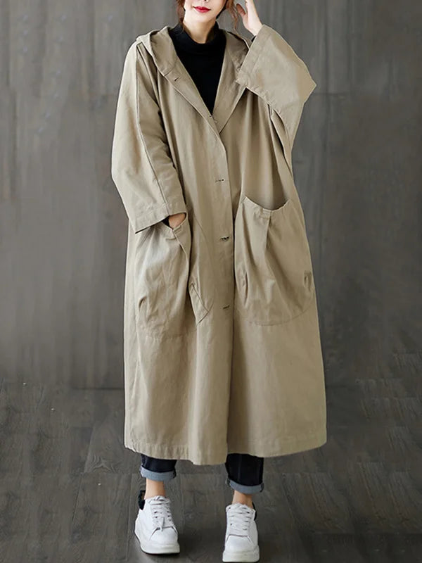 Women's Long Hooded Rain Trench Coat with Elegant Cut