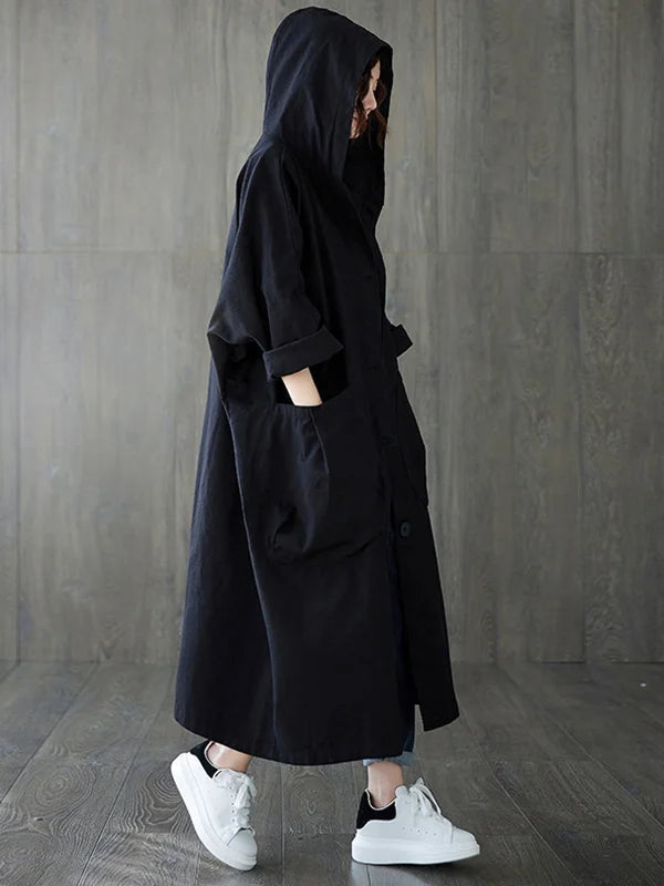 Women's Long Hooded Rain Trench Coat with Elegant Cut