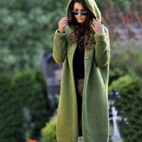 Women's Long Hooded Ribbed Knit Maxi Cardigan with Open Front
