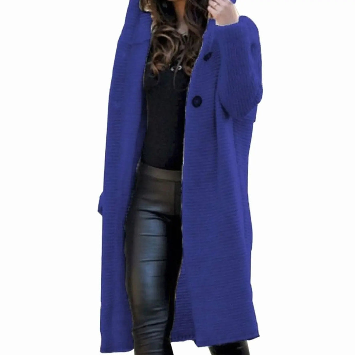 Women's Long Hooded Ribbed Knit Maxi Cardigan with Open Front