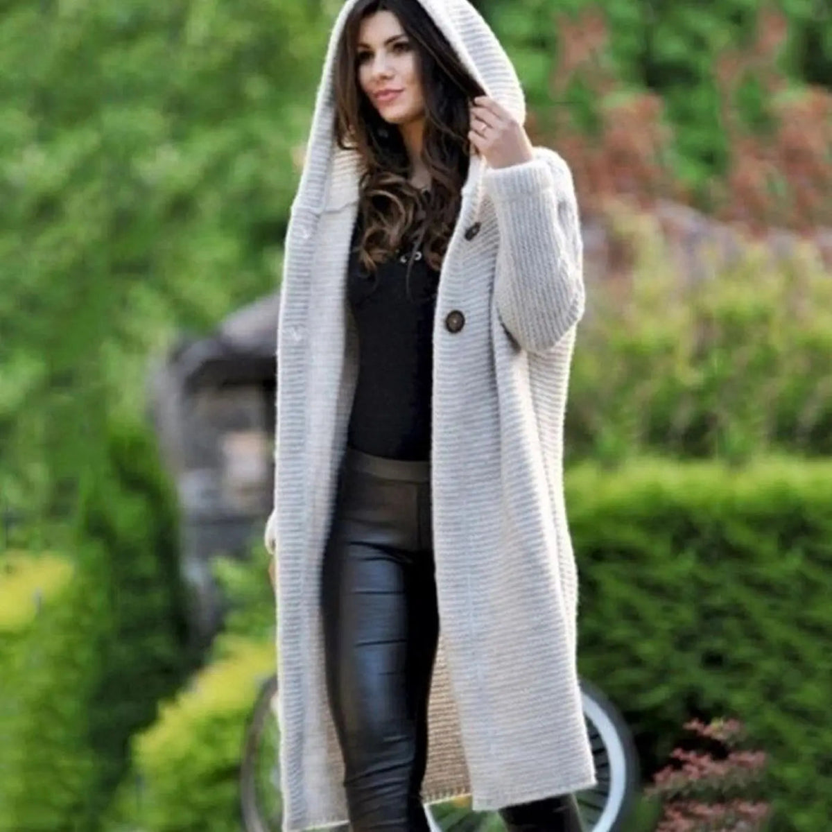 Women's Long Hooded Ribbed Knit Maxi Cardigan with Open Front
