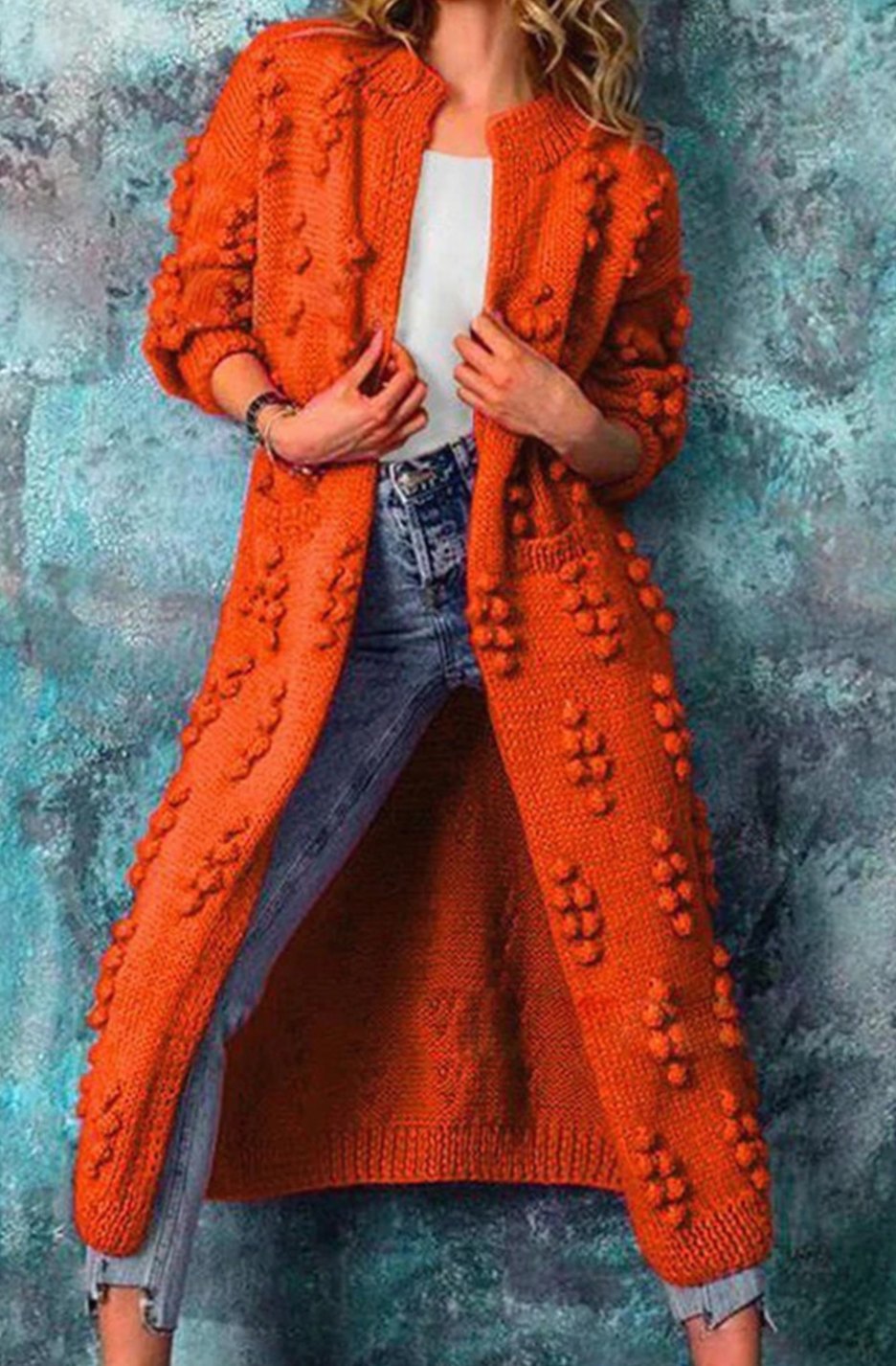 Women's Long Open-Front Pom-Pom Textured Cardigan Sweater