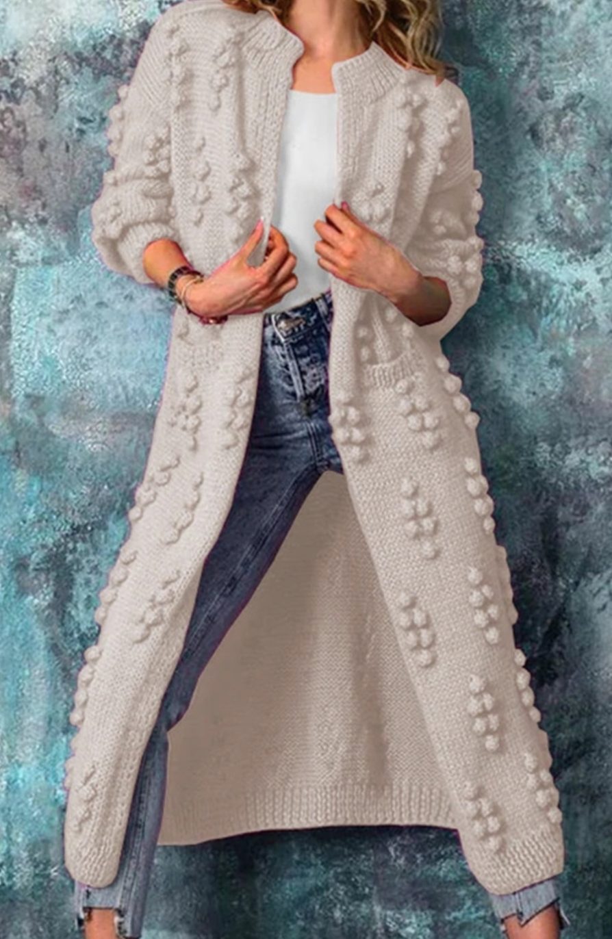 Women's Long Open-Front Pom-Pom Textured Cardigan Sweater