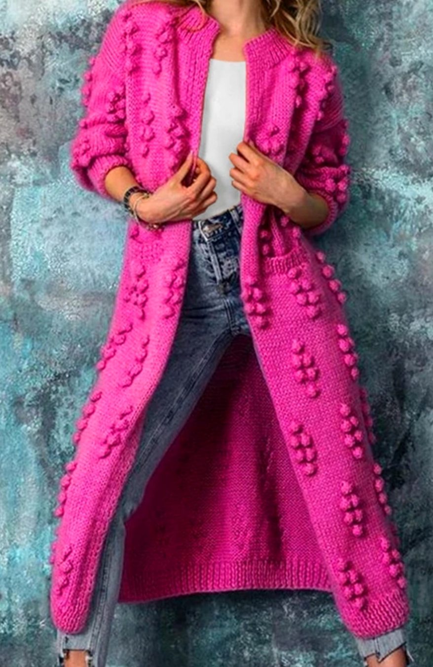 Women's Long Open-Front Pom-Pom Textured Cardigan Sweater