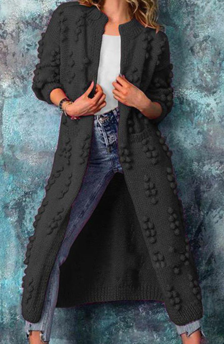 Women's Long Open-Front Pom-Pom Textured Cardigan Sweater