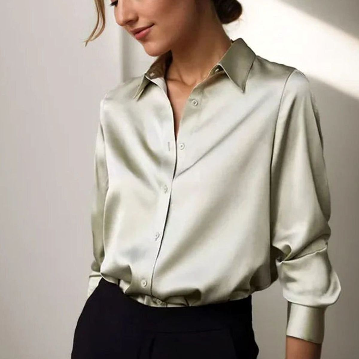 Women's Long-Sleeve Button-Down Loose Satin Blouse