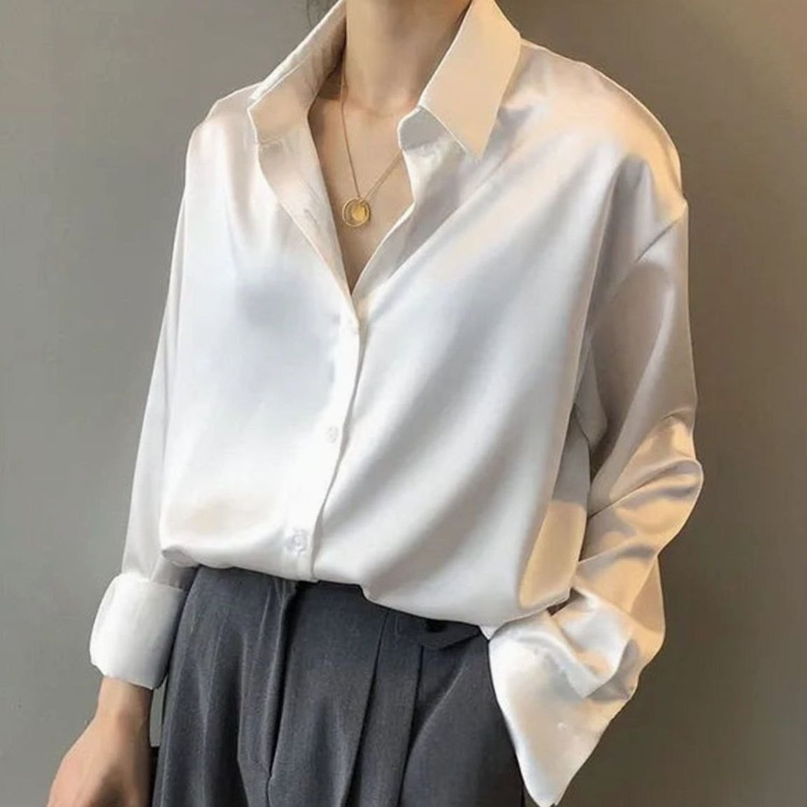 Women's Long-Sleeve Button-Down Loose Satin Blouse