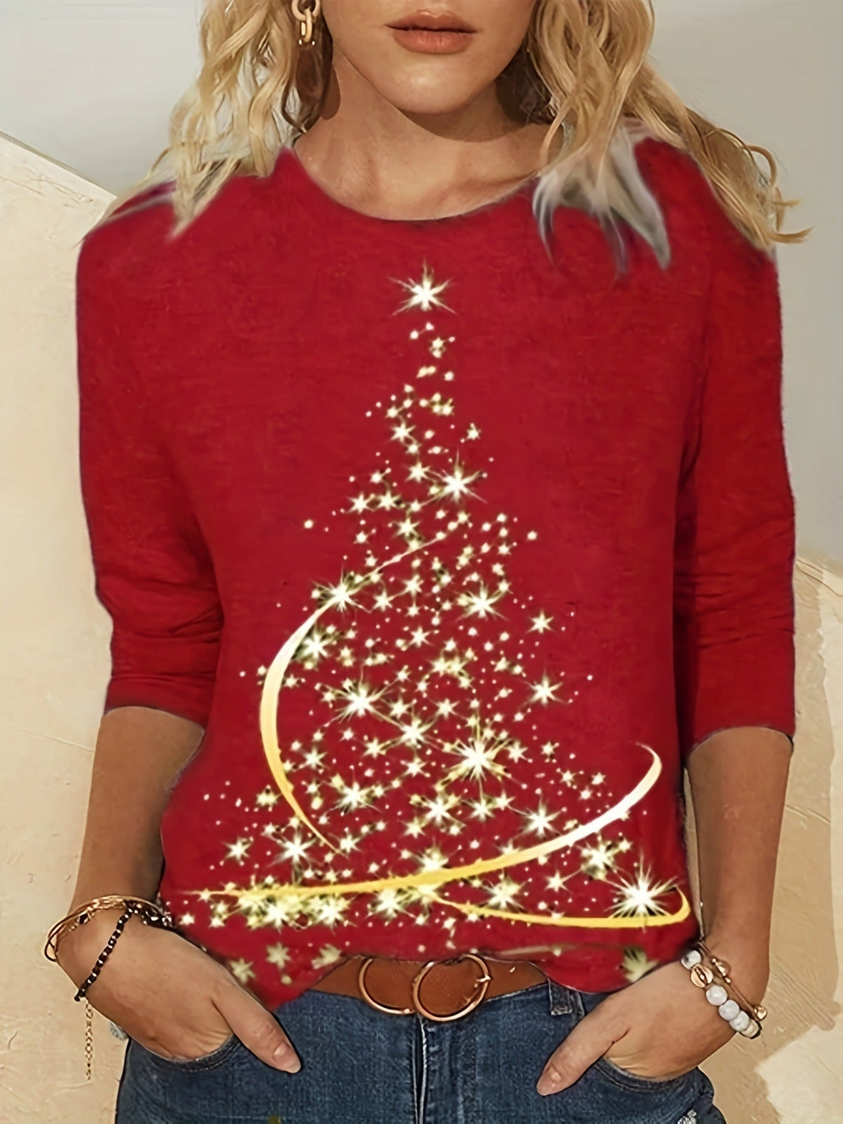 Women's Long Sleeve Christmas Tree Print T-Shirt