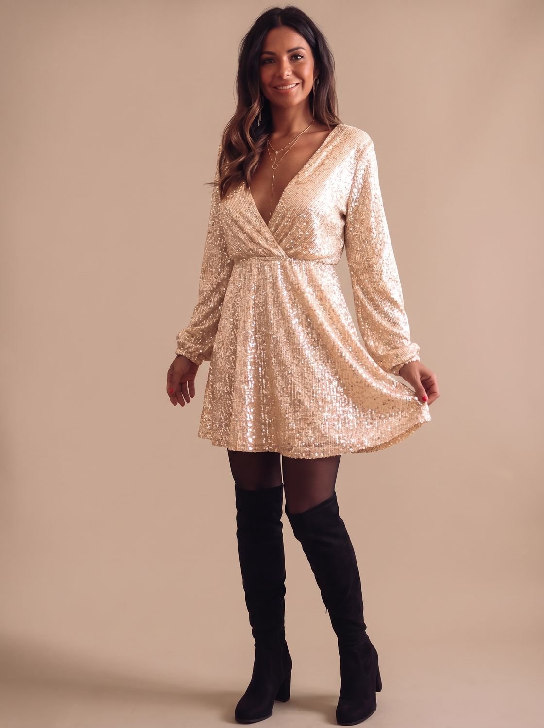 Women's Long-Sleeve Sequin Wrap Christmas Party Dress