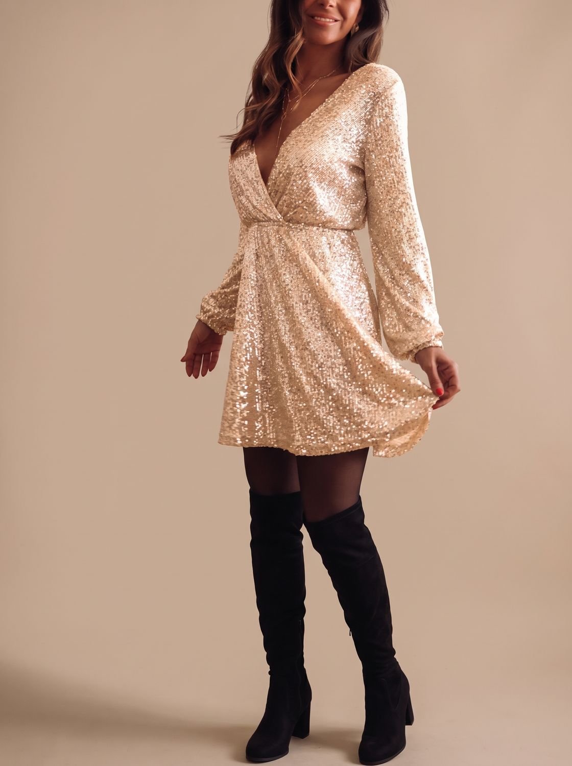 Women's Long-Sleeve Sequin Wrap Christmas Party Dress