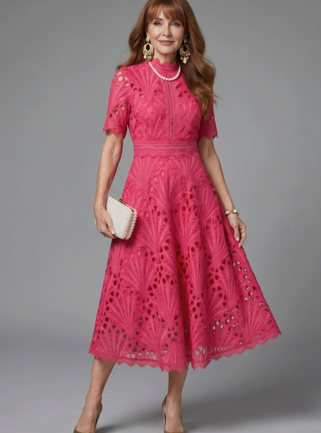Women's Mock-Neck Short-Sleeve Eyelet Lace Midi Cocktail Dress