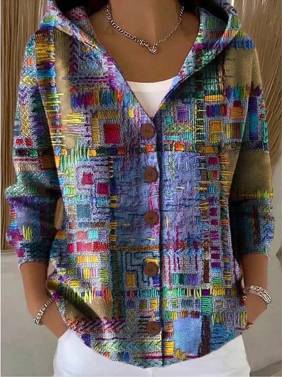 Women's Multicolor Patchwork Button-Front Hooded Cardigan Sweater