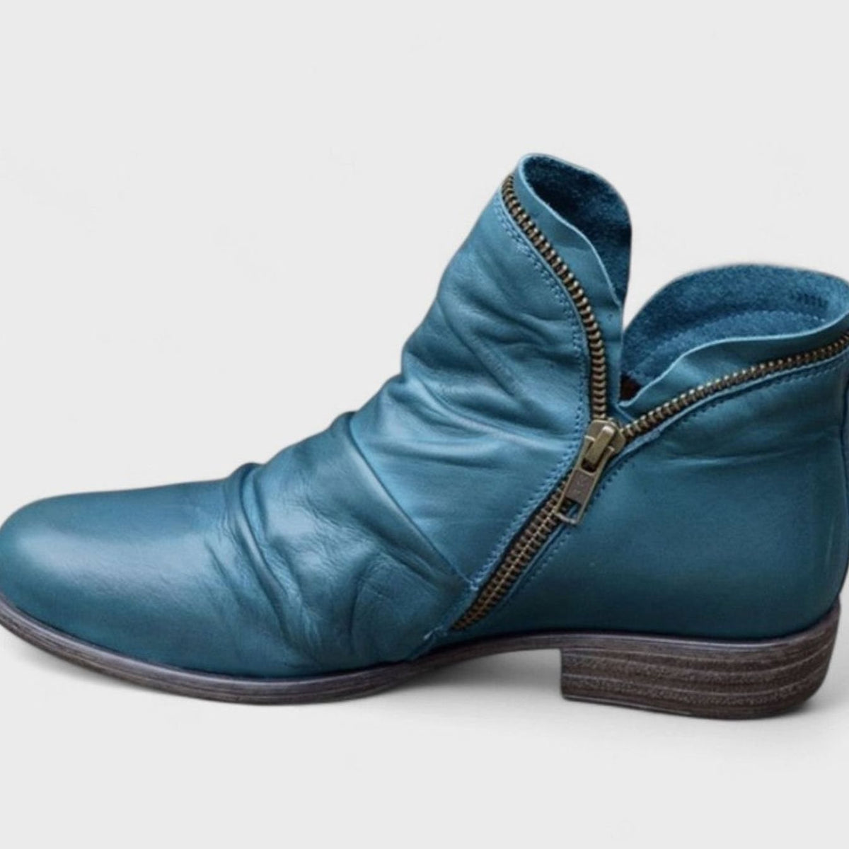 Women's Orthopedic Ruched Leather Ankle Boots with Side Zip